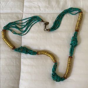 Gold and teal beaded necklace